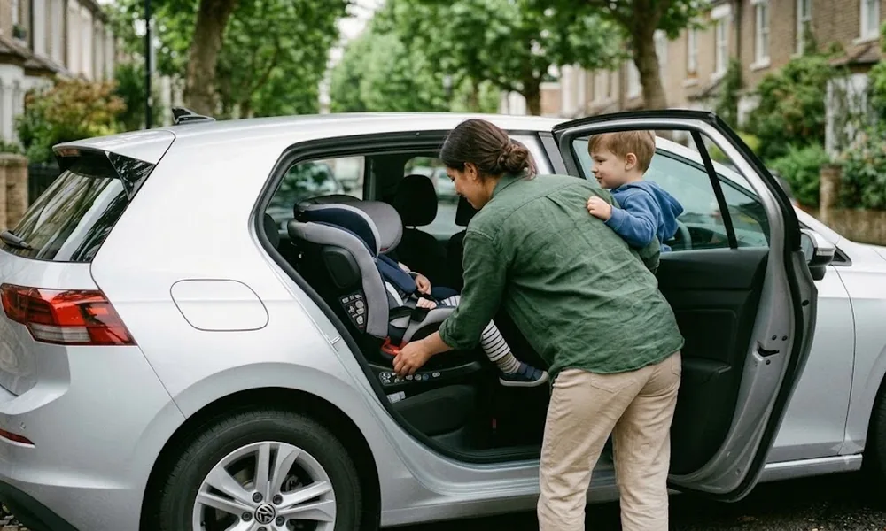 Woman fastening a child into a rear-facing car seat in a silver five-door hatchback while a toddler stands beside her