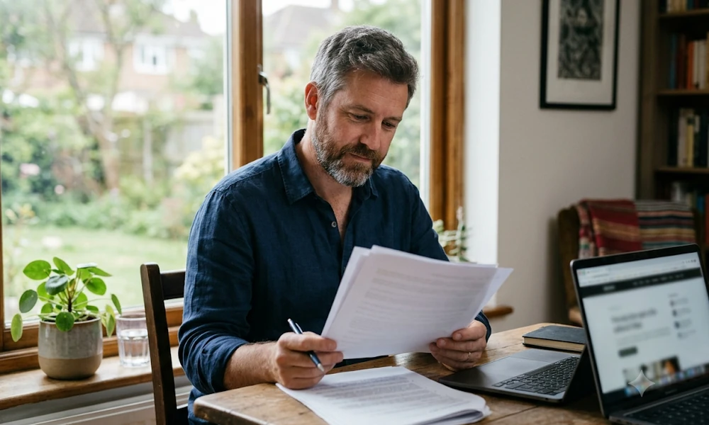 Man reading purchase documents next to a laptop at a desk