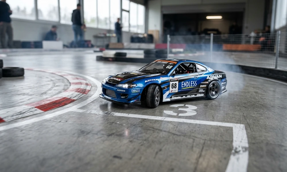 Blue RC drift car sliding through a corner on an indoor track