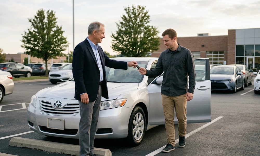 Man handing car keys to a buyer beside a silver sedan in a parking lot