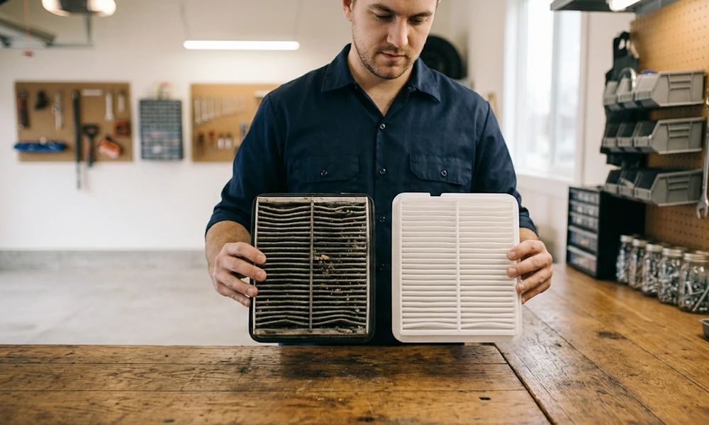 Man holding a dirty air filter next to a clean new one