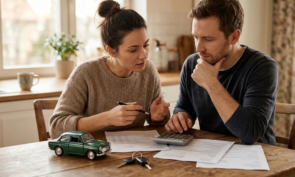 Couple reviewing loan paperwork with a calculator, a toy car and keys on the table