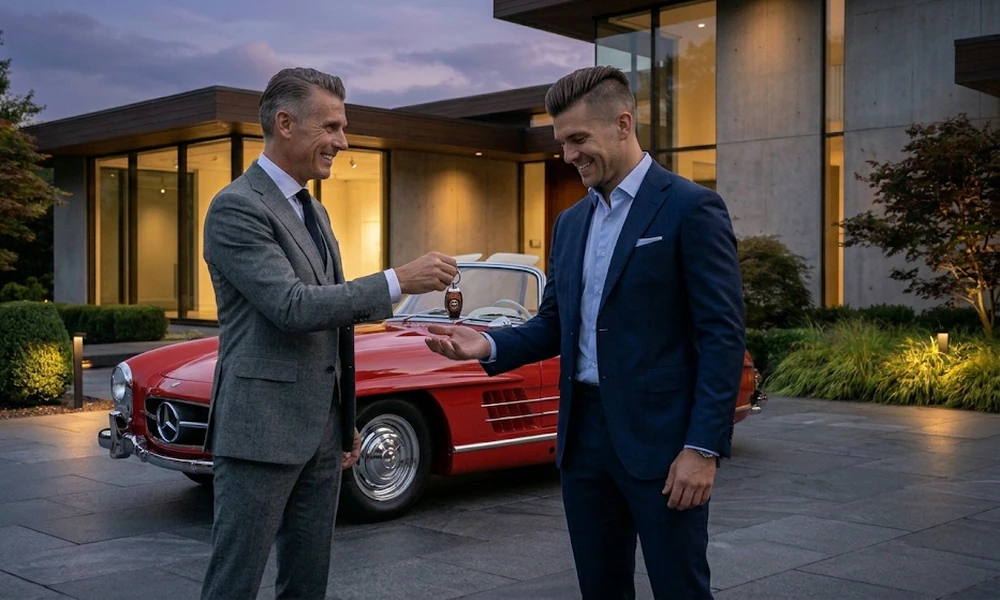 Two men in suits shaking hands and exchanging keys in front of a red classic sports car