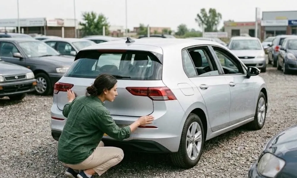 Woman crouching to inspect the rear hatch and bumper of a silver hatchback at a used car lot