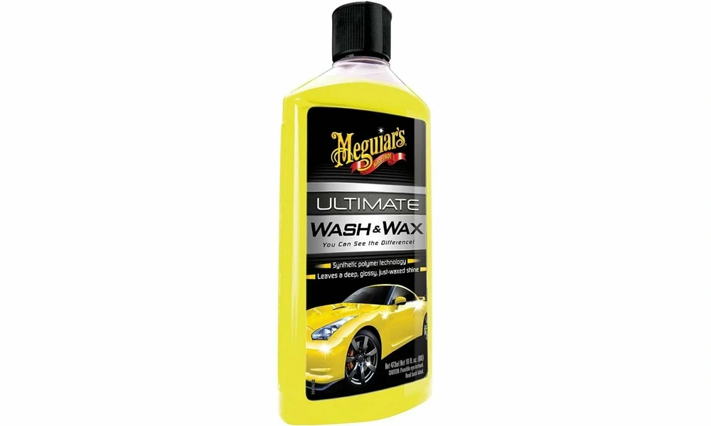 Bottle of Meguiar's Ultimate Wash & Wax with a yellow sports car on the label