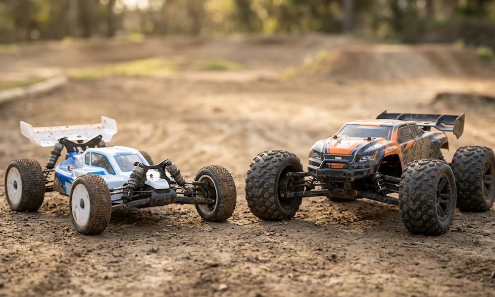 Two RC buggies parked side by side on a dirt track