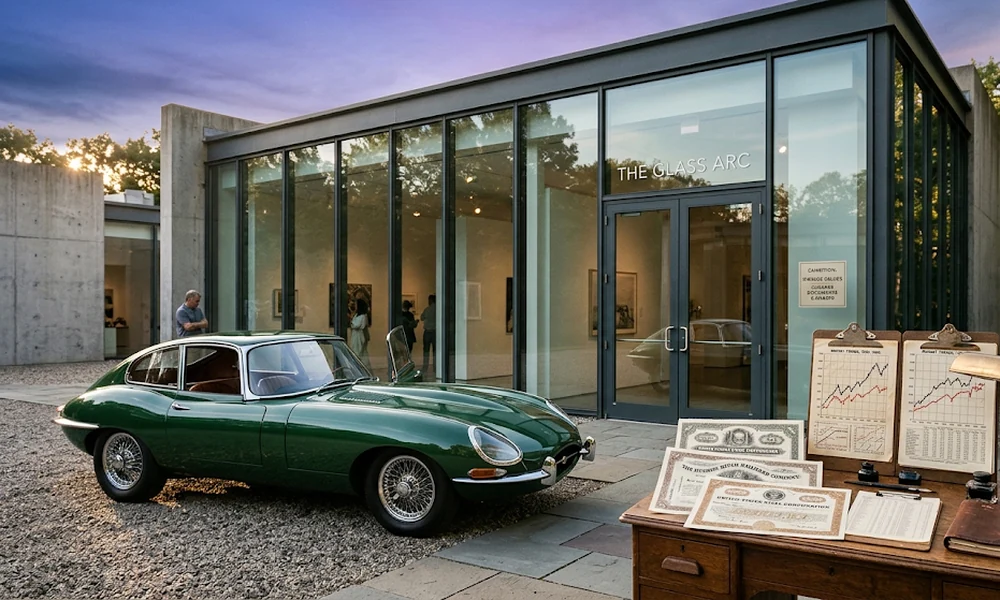 Green classic Jaguar parked beside a desk with price charts and share-style certificates