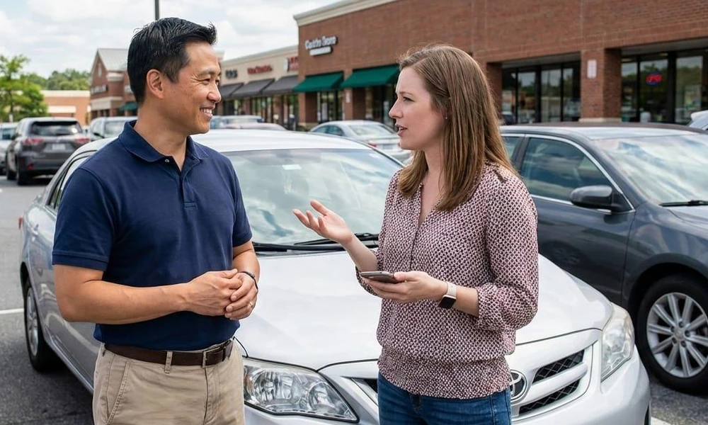 Buyer and seller discussing the price of a used sedan.