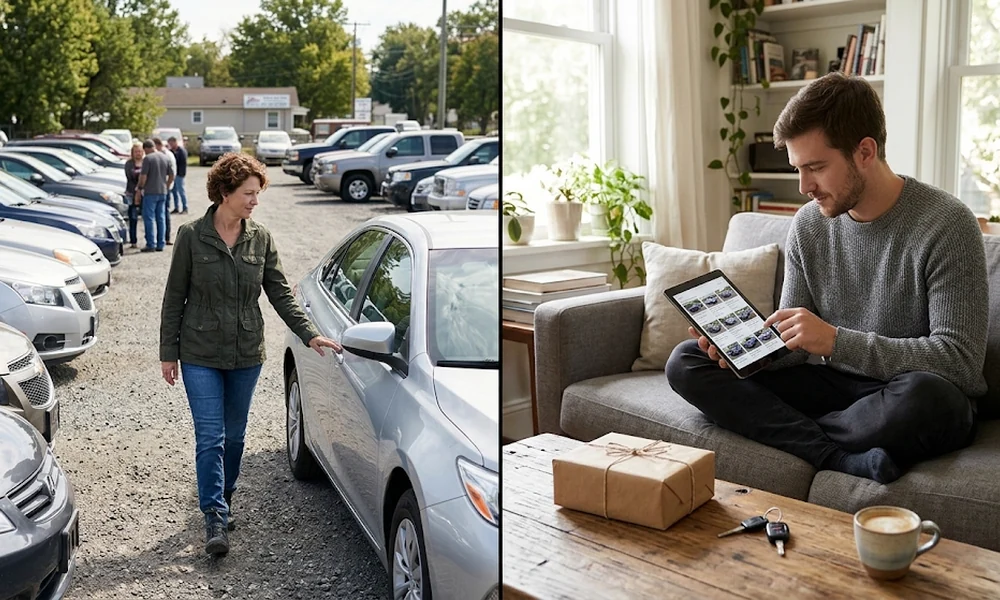 Woman checking a car in a lot beside a man browsing used cars on a tablet at home
