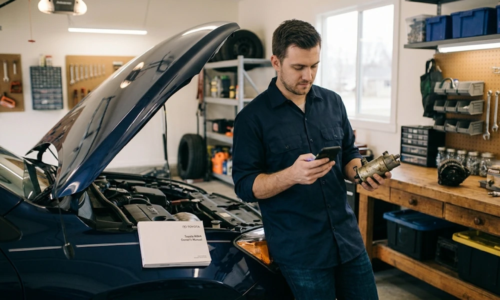 Man checking vehicle details on his phone beside a car with the hood open