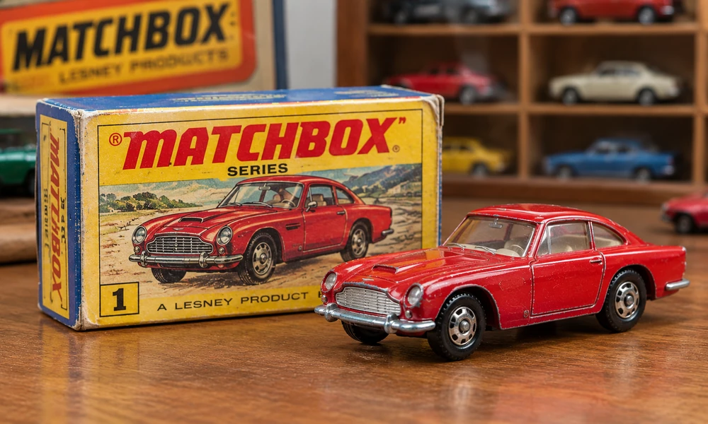Vintage red Matchbox die-cast car displayed beside an original-style yellow Lesney Matchbox box.
