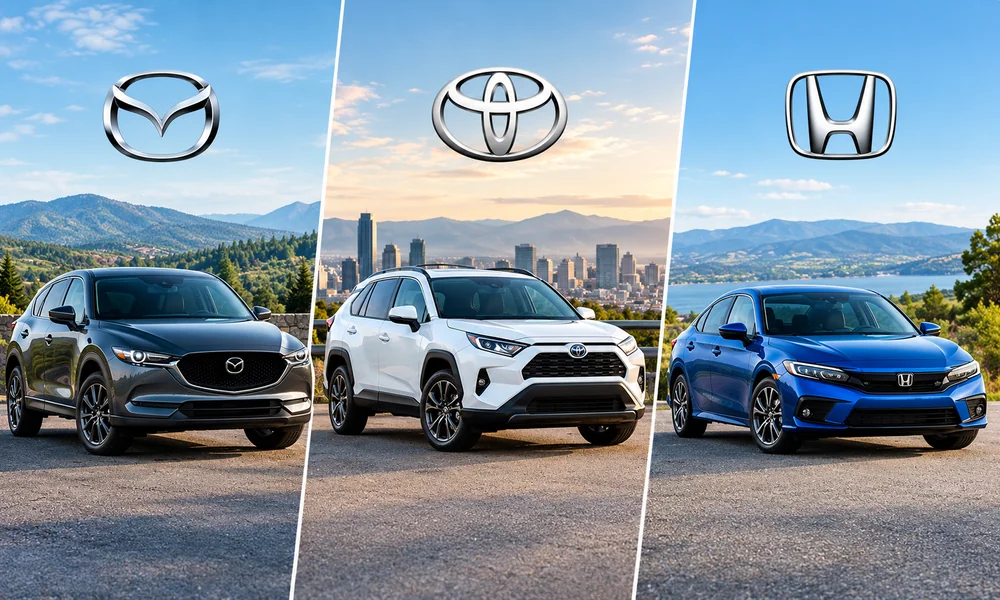 Comparison of Mazda, Toyota, and Honda vehicles, highlighting their driving styles, model ranges, interior designs, and hybrid availability.