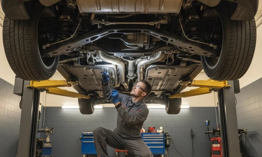 Mechanic inspecting the underside of a used luxury SUV in an automotive workshop.