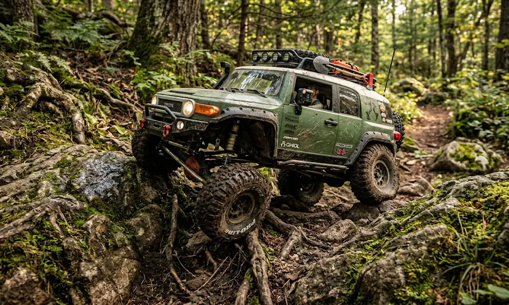 Green RC crawler climbing over rocks and tree roots on a forest trail