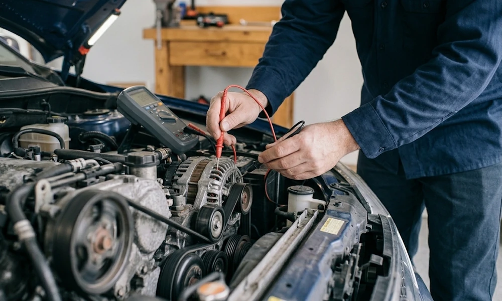 Hands holding multimeter probes against a car's electrical components