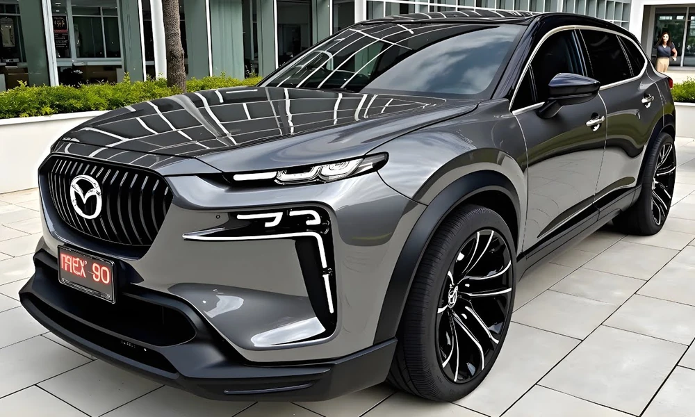 Dark gray Mazda CX-90 three-row SUV parked outside a modern home.