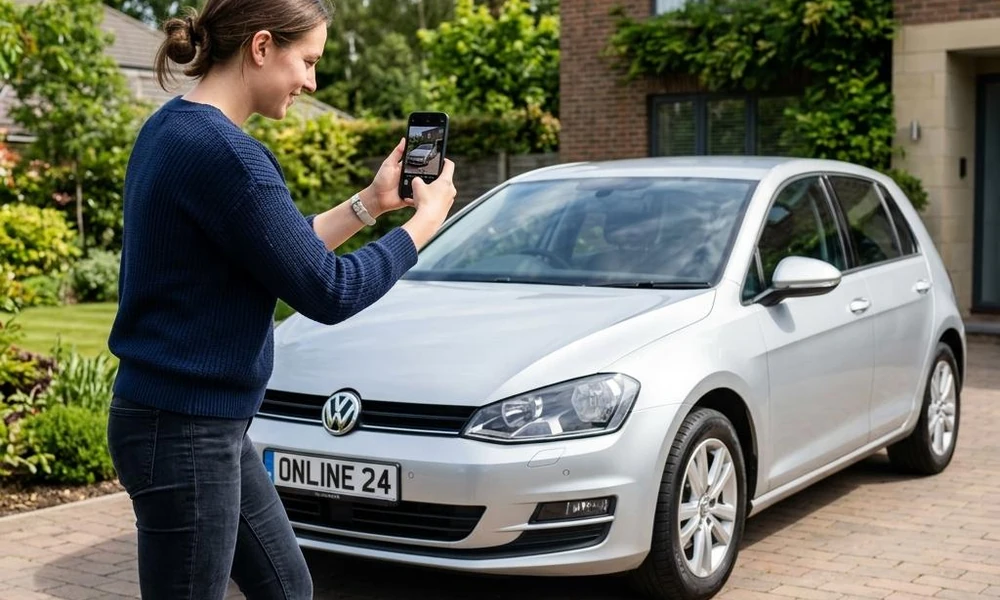 Car owner taking photographs of a used vehicle for an online listing.