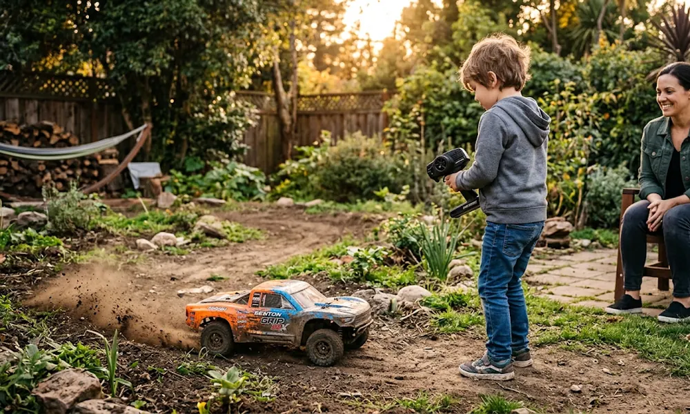 Boy driving a small RC car on a dirt path while a woman watches