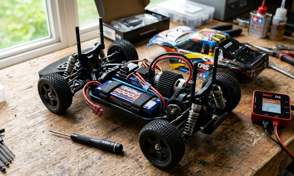 Electric RC car chassis with a battery pack on a workbench next to a charger