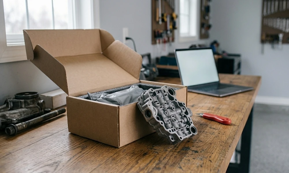 Open delivery box containing an auto part next to a laptop on a workbench