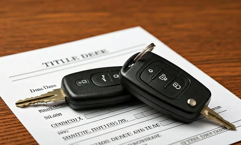 Car keys placed beside vehicle ownership transfer paperwork.