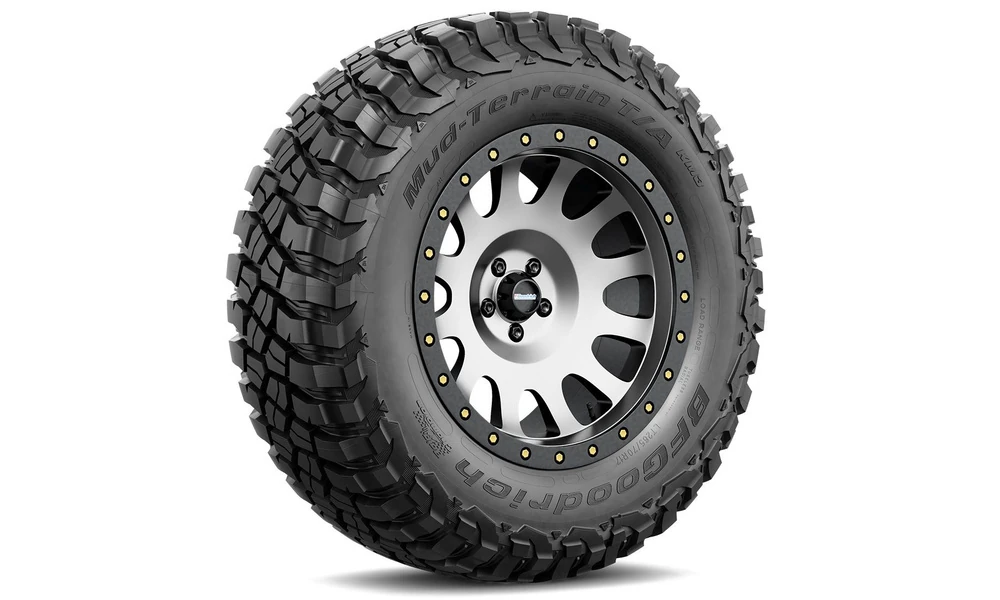 BFGoodrich Mud-Terrain T/A KM3 off-road tire with aggressive mud-terrain tread mounted on a beadlock-style wheel