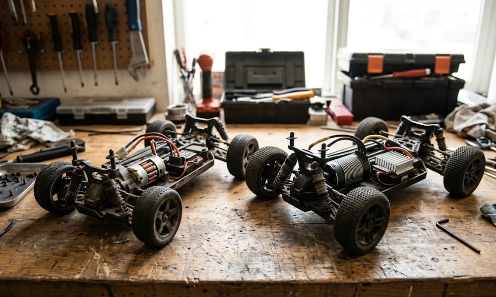 Two RC car chassis with exposed motors on a workshop bench