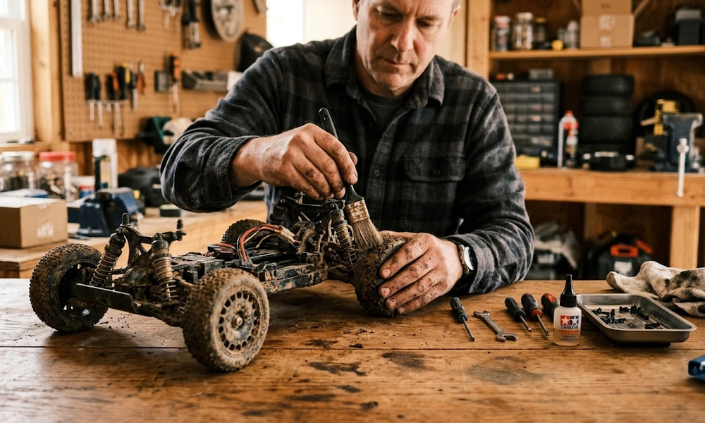 Man cleaning and servicing a muddy RC buggy in a workshop