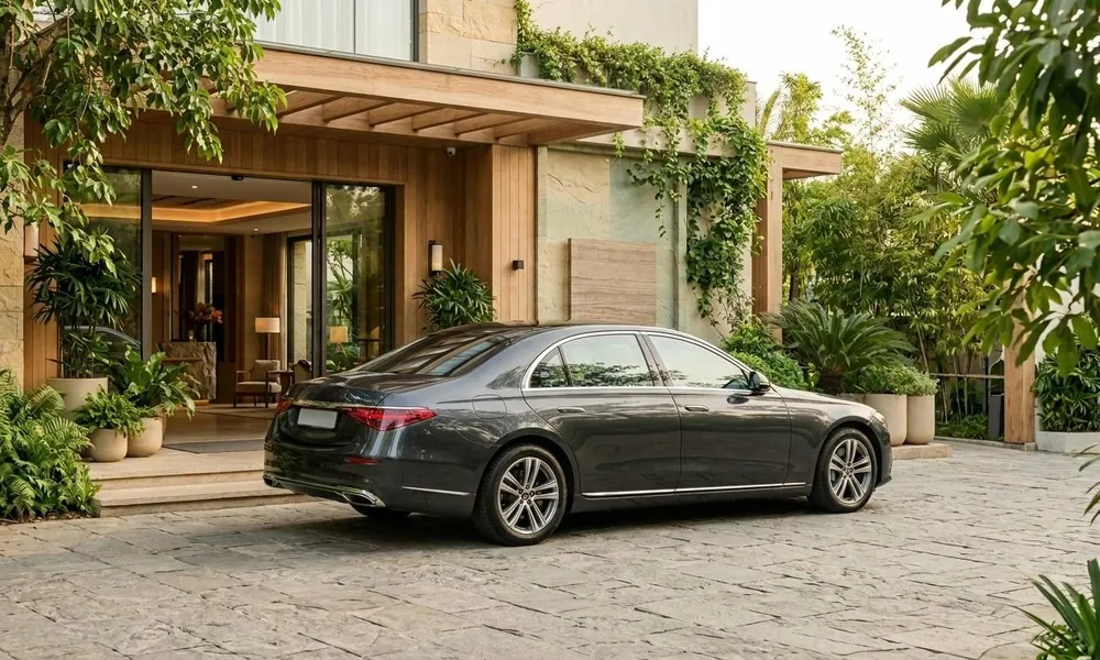 Luxury sedan parked outside a modern hotel-Types of cars