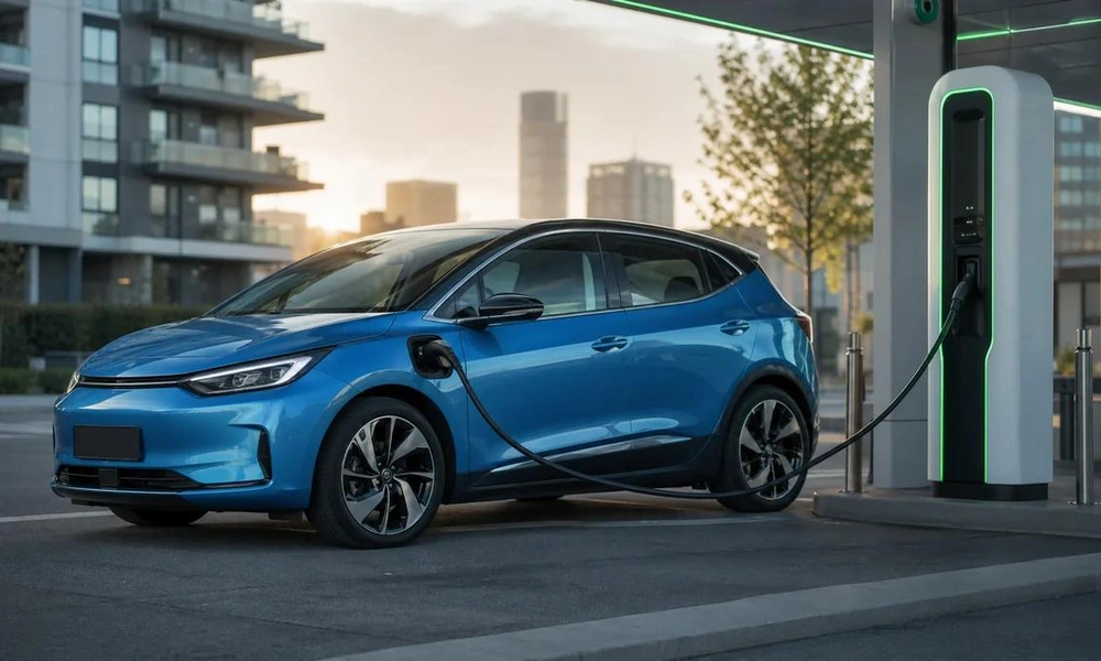 Electric car connected to a public charging station.