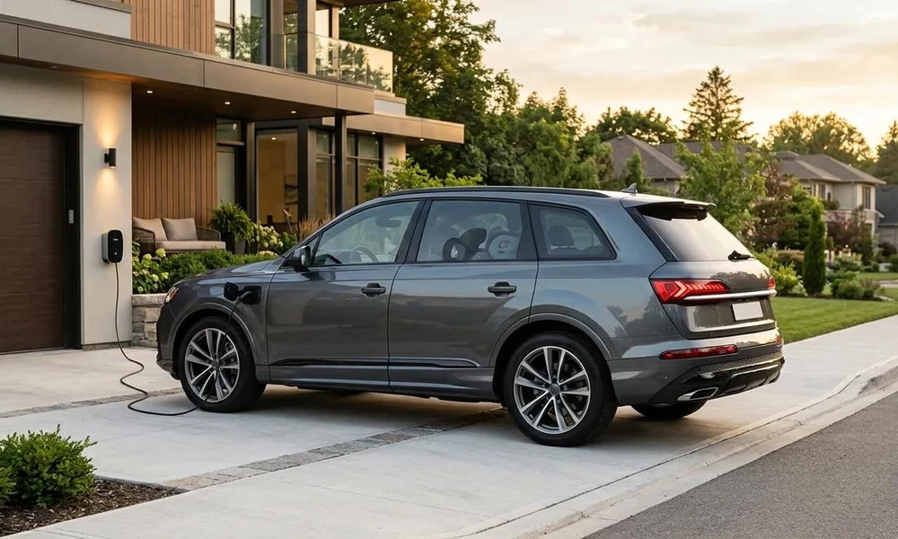 Plug-in hybrid SUV connected to a home charging unit.