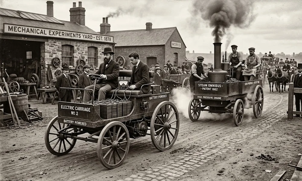 1800s experiments with electric and steam vehicles, showing a battery-powered Electric Carriage No. 2 beside a steam omnibus in a mechanical yard