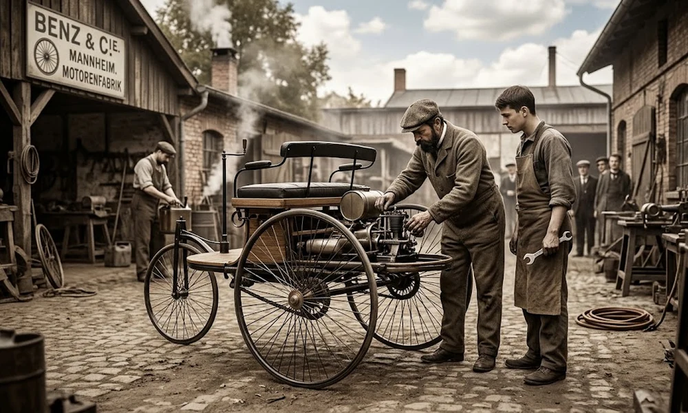 1885 to 1886 scene of Karl Benz developing the Motorwagen, with two mechanics working on the three-wheeled car outside the Benz & Cie. workshop in Mannheim