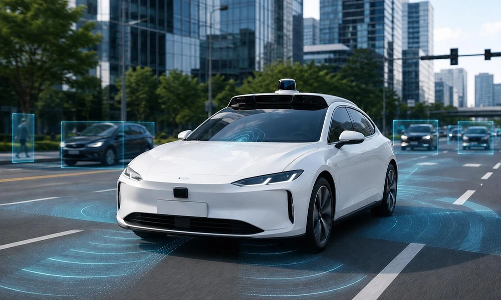 Modern car with driver-assistance technology traveling on an urban road-Types of cars