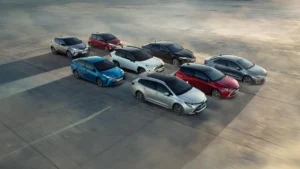 Different types of cars, including a sedan, hatchback, SUV, coupe, and sports car.