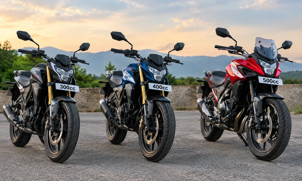 Three motorcycles parked side by side at sunset, a black 300cc naked bike, a blue 400cc bike and a red 500cc adventure bike, each with a cc sign on the front