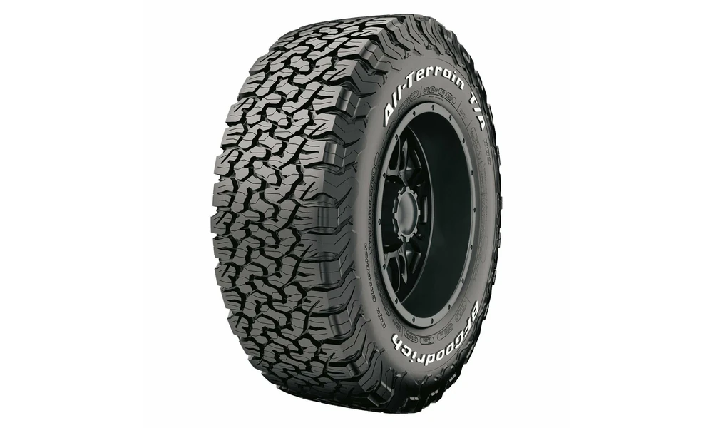 BFGoodrich All-Terrain T/A KO3 tire with interlocking all-terrain tread and white sidewall lettering