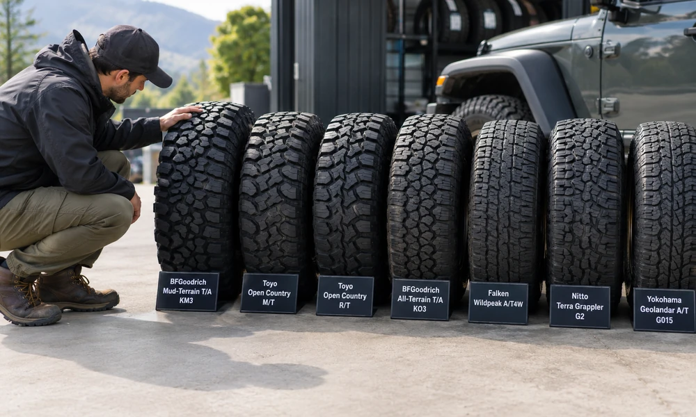 Man crouching beside a row of seven off-road tires
