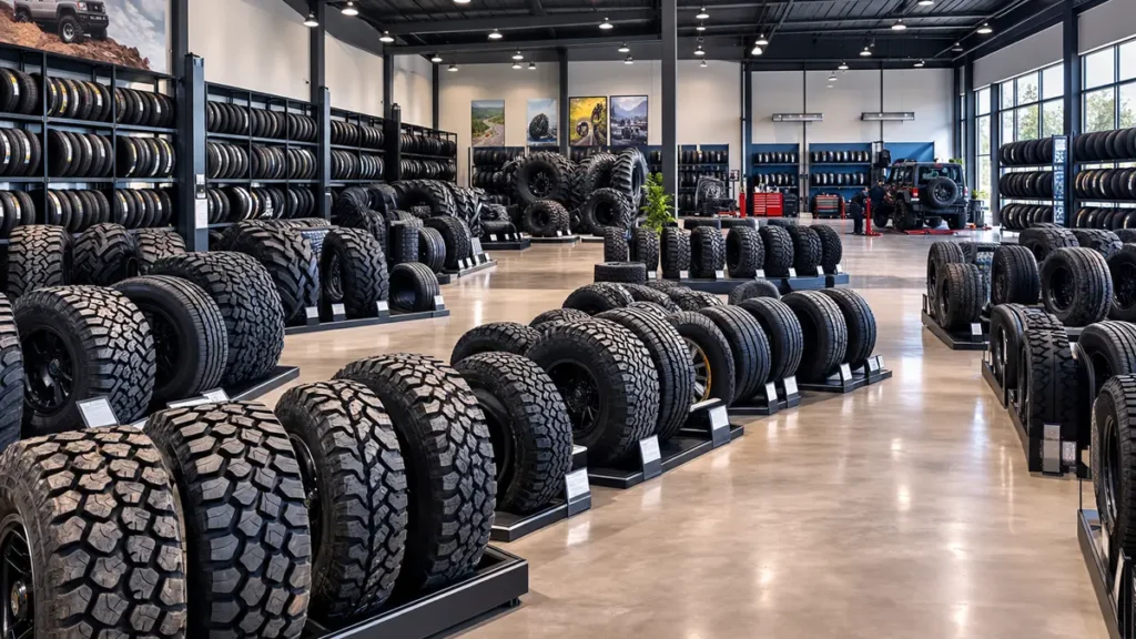 Spacious tire showroom with rows of off-road mud-terrain and all-terrain tires on black display stands