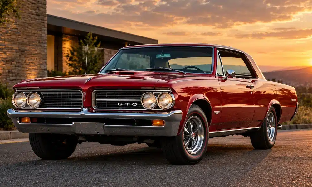 Red Pontiac GTO with chrome bumpers and a split grille parked on a road at sunset.