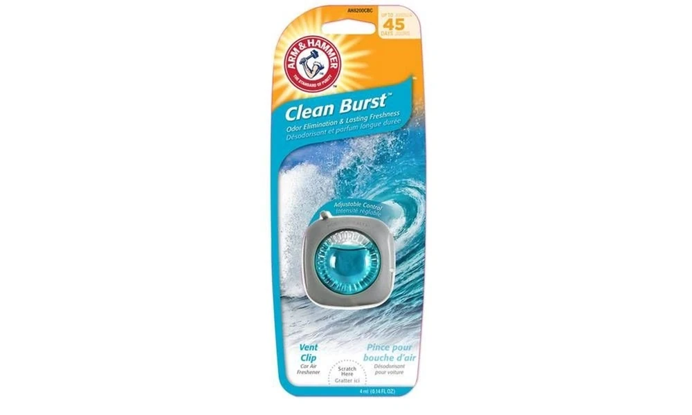 Arm & Hammer Clean Burst vent clip car air freshener in blue packaging with an ocean wave