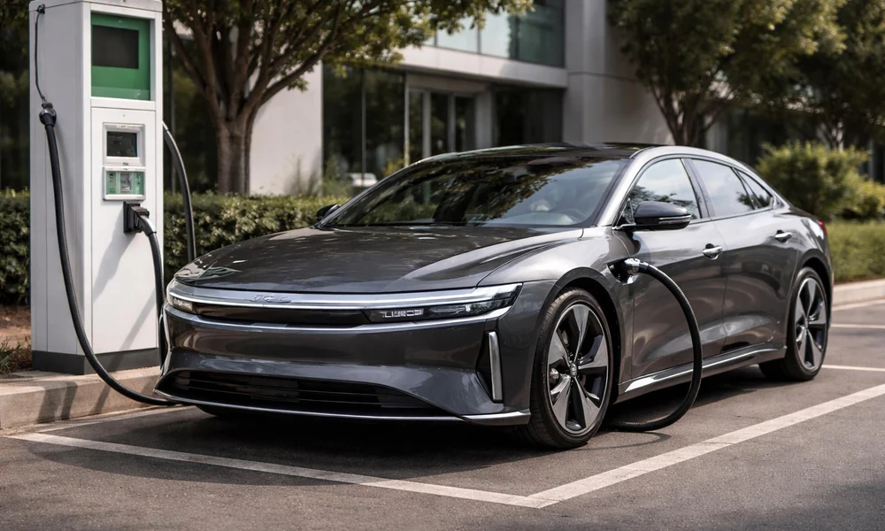 Modern electric sedan connected to a public charging station.