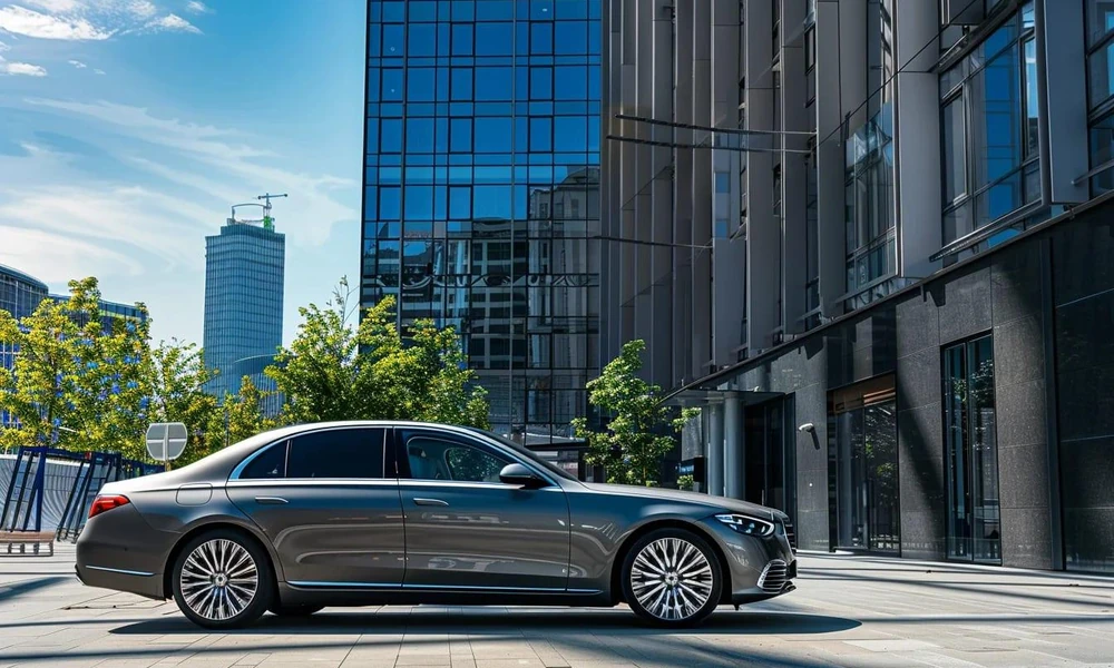 Elegant luxury sedan parked outside a modern glass building.
