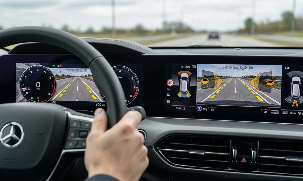 Modern car dashboard displaying digital driving information and driver-assistance features.