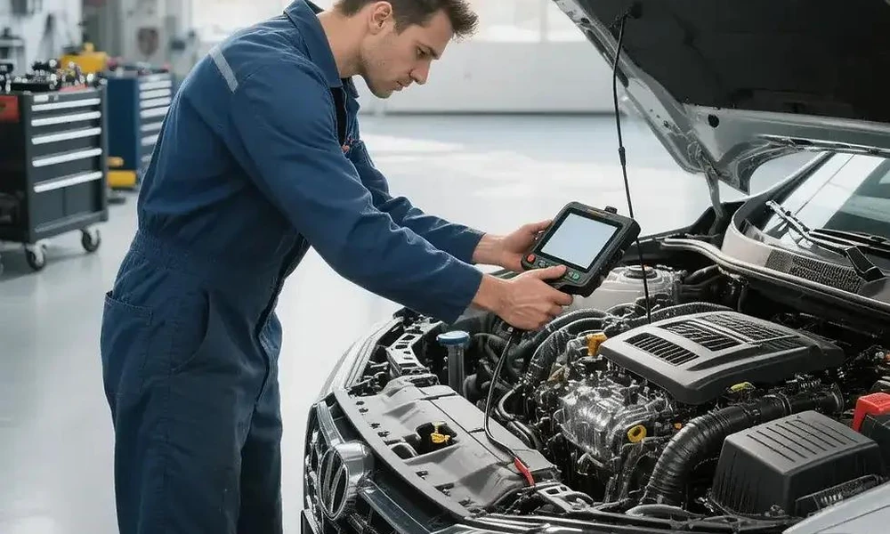 Automotive technician inspecting a car in a professional workshop.