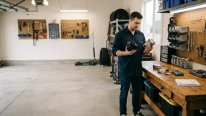 Mechanic holding an auto part in a well-organized garage with tools on the wall