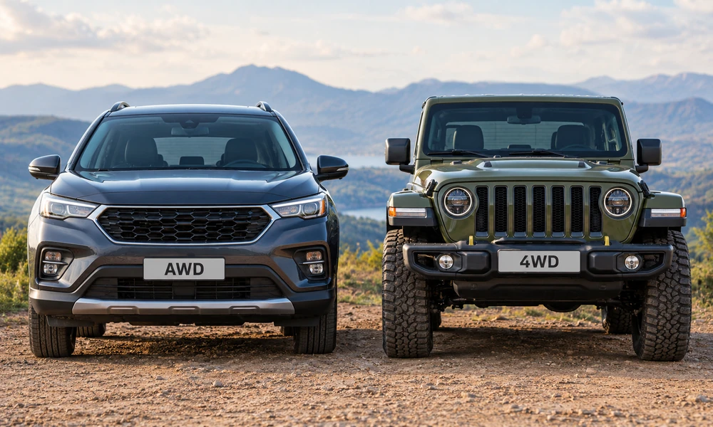 Gray AWD crossover SUV parked next to a green 4WD off-road SUV on a dirt overlook with mountains behind