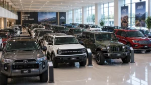 Multiple AWD and 4WD SUVs parked in rows inside a modern car showroom with polished floors and large windows.