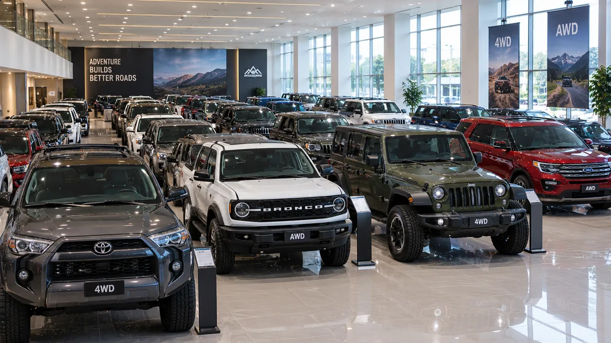Multiple AWD and 4WD SUVs parked in rows inside a modern car showroom with polished floors and large windows.