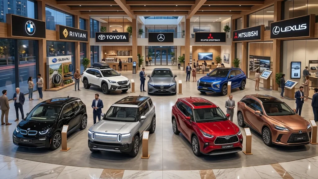 Electric cars and SUVs from BMW, Rivian, Toyota, Subaru, Mercedes-Benz, Mitsubishi and Lexus on display in a showroom